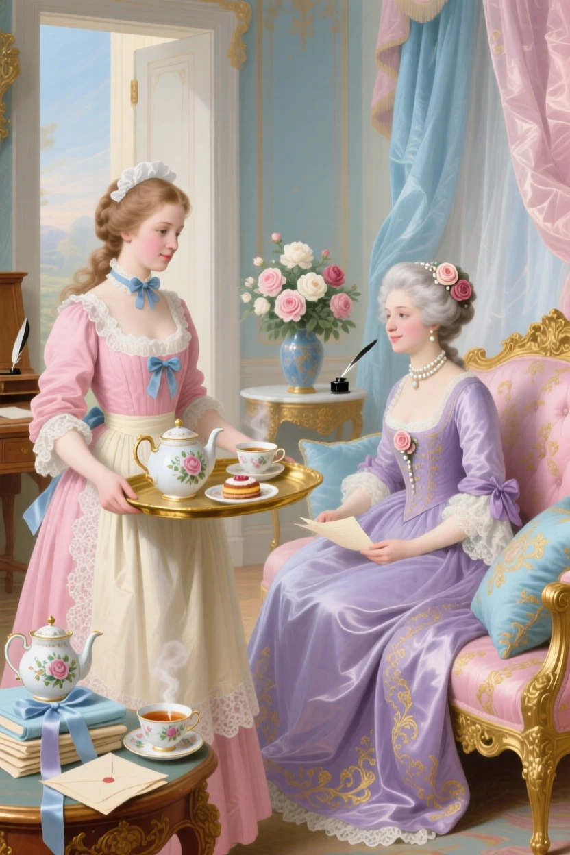 A maid delivering a tray of tea and letters to a lady in her private chamber  