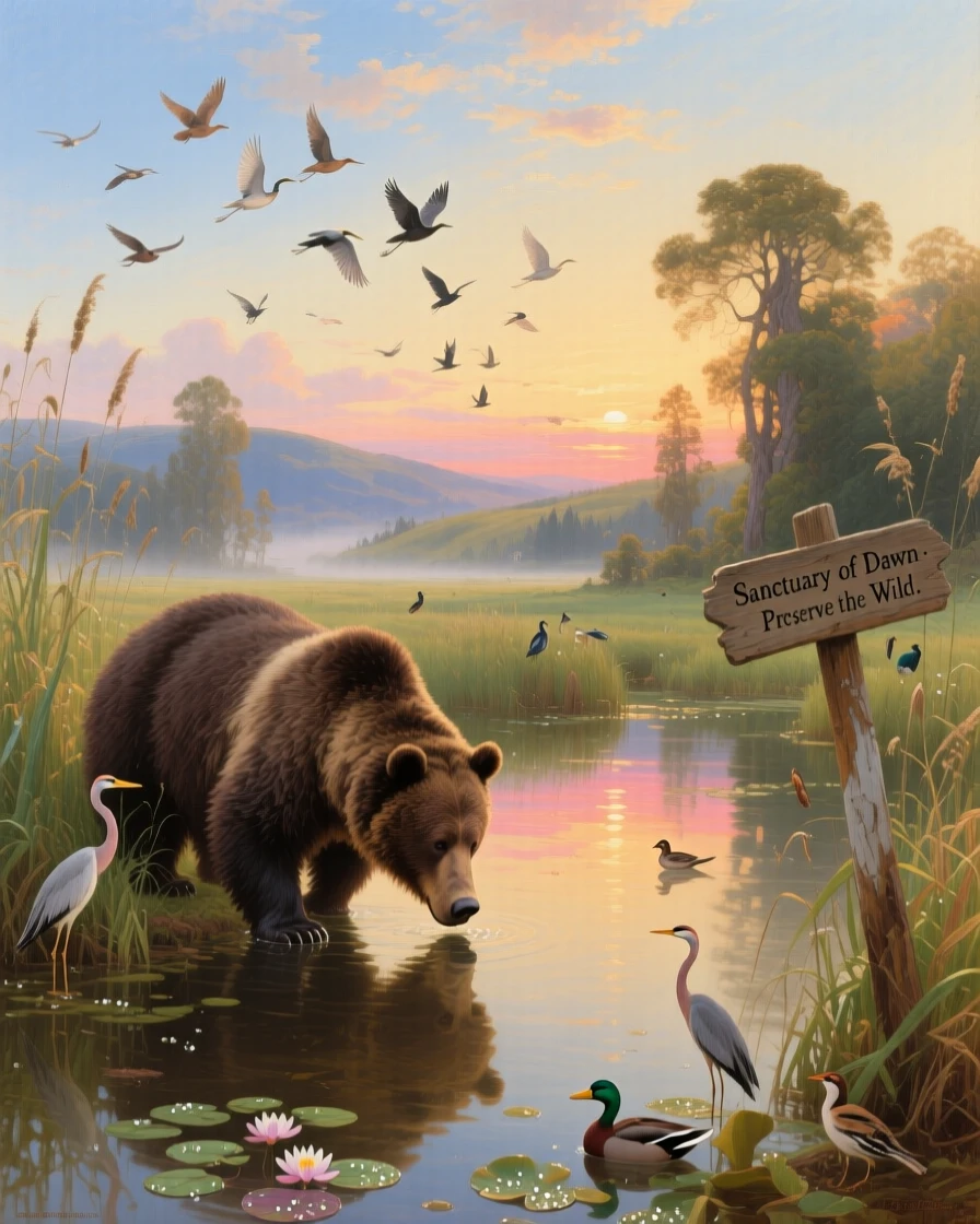 A bear gathers at a quiet marsh at first light as birds scatter overhead.