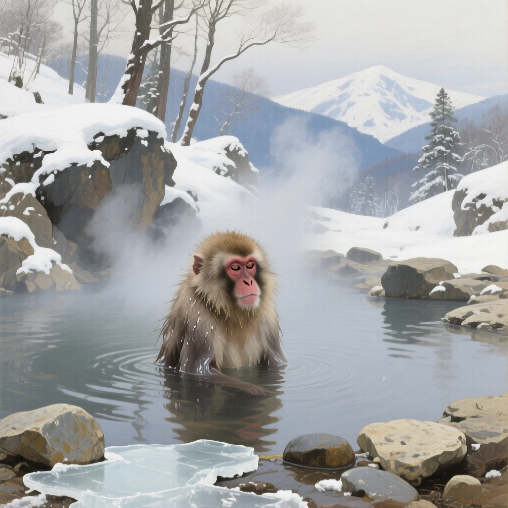 A snow monkey soaking peacefully in a steaming hot spring, surrounded by the untouched beauty of its natural habitat, offering a striking, emotionally resonant wildlife portrait