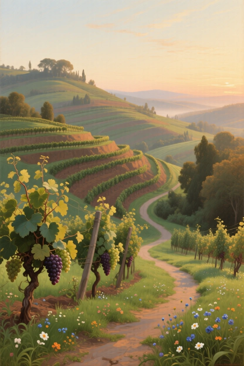 A terraced vineyard rolling across sunlit hillsides holding the hush of early morning before the world awakens, set within reach of a winding country path, with wildflowers scattered like scattered jewels across the green; a winding path or river leads the eye deep into the distance, filled with calm, restorative beauty.