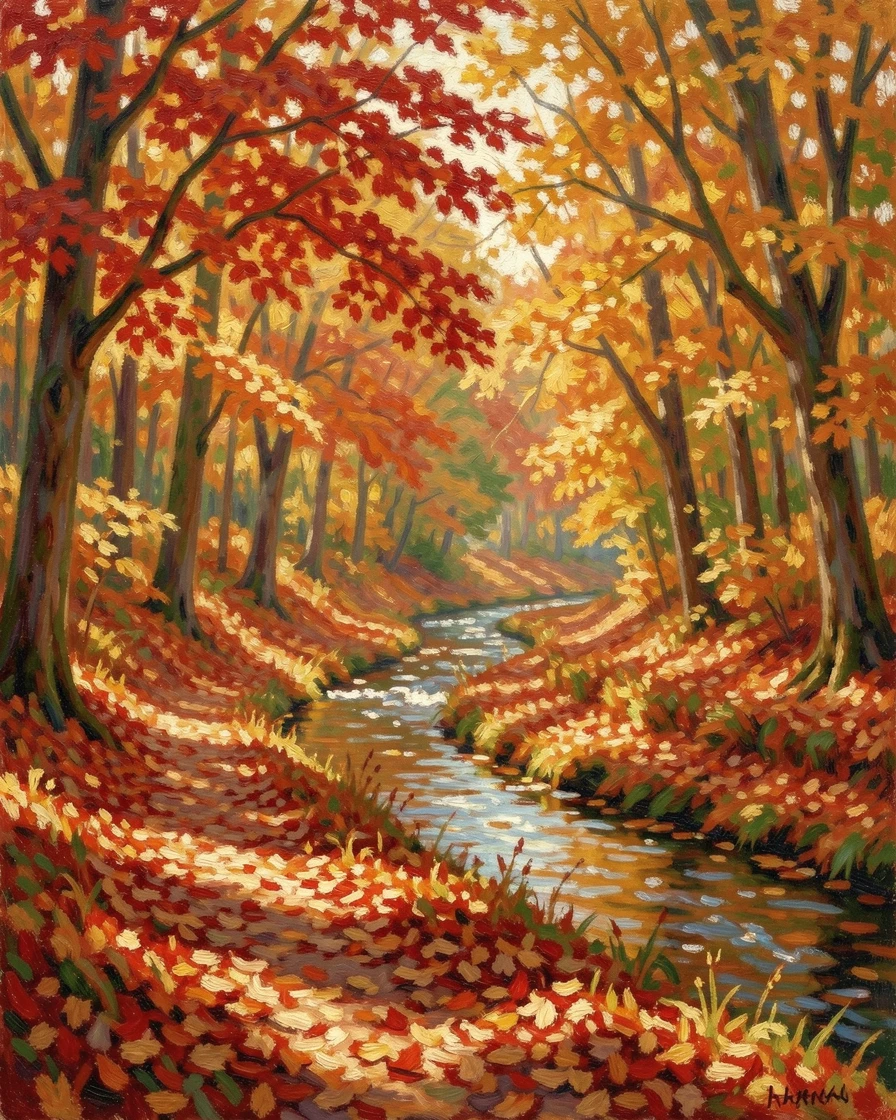 An autumn forest path carpeted in red and gold leaves, dappled light filtering through the canopy onto a wandering stream.