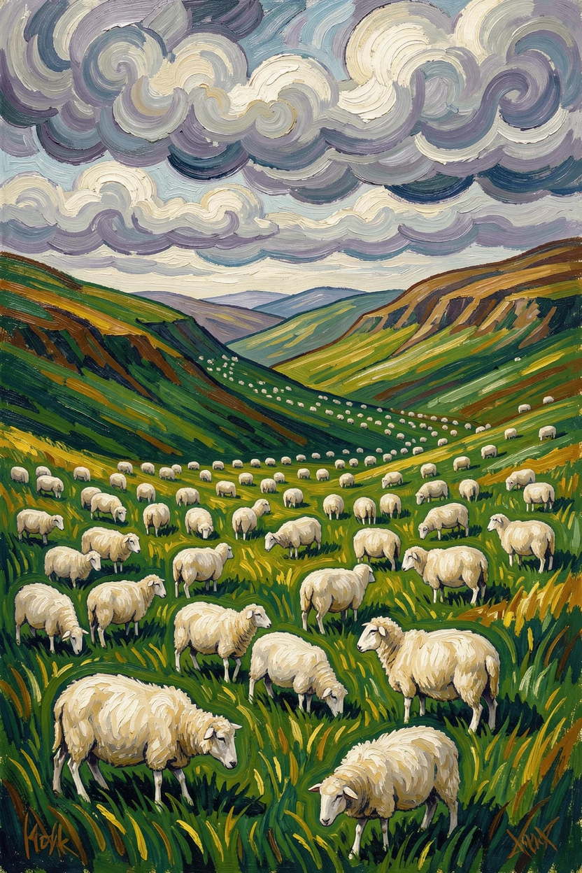 A highland valley filled with grazing sheep beneath low rolling clouds.