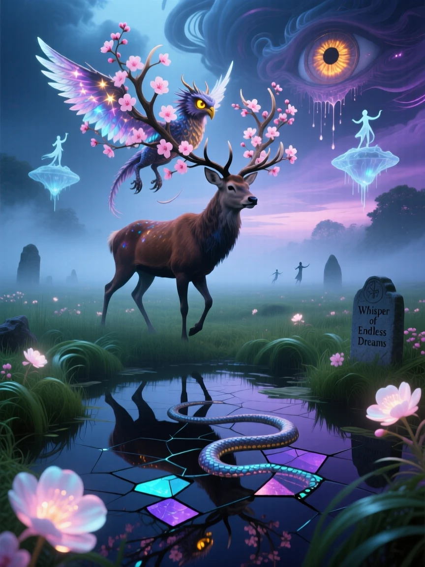 A stag with branches of blooming cherry blossoms for antlers moves silently through a fog-covered meadow, while its reflection shows a completely different creature.