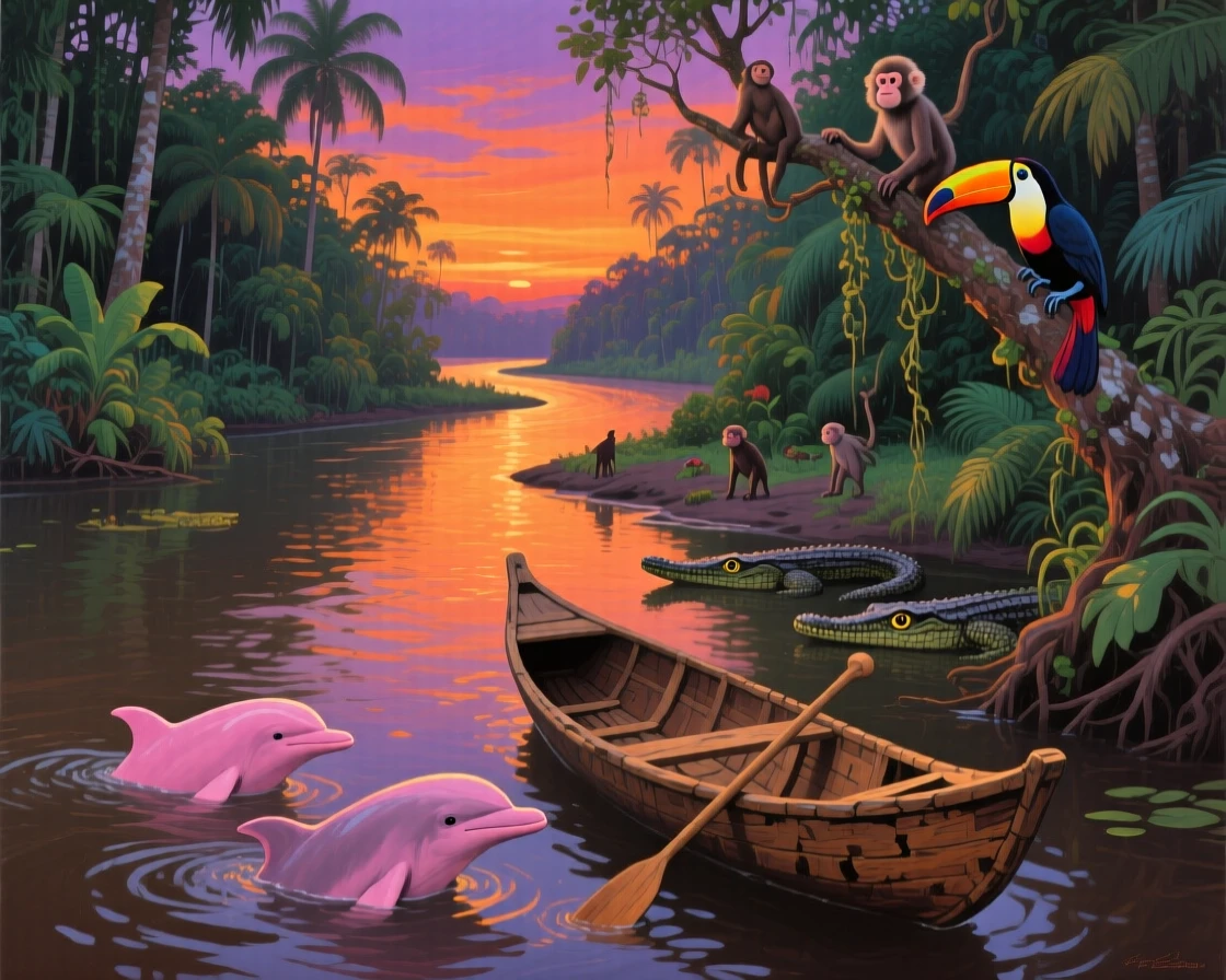 The Amazon River winds through dense rainforest at dusk, pink river dolphins surfacing near a wooden canoe, the sky glowing orange and violet above the canopy, with scattered wildlife visible moving quietly through the middle distance of the composition.