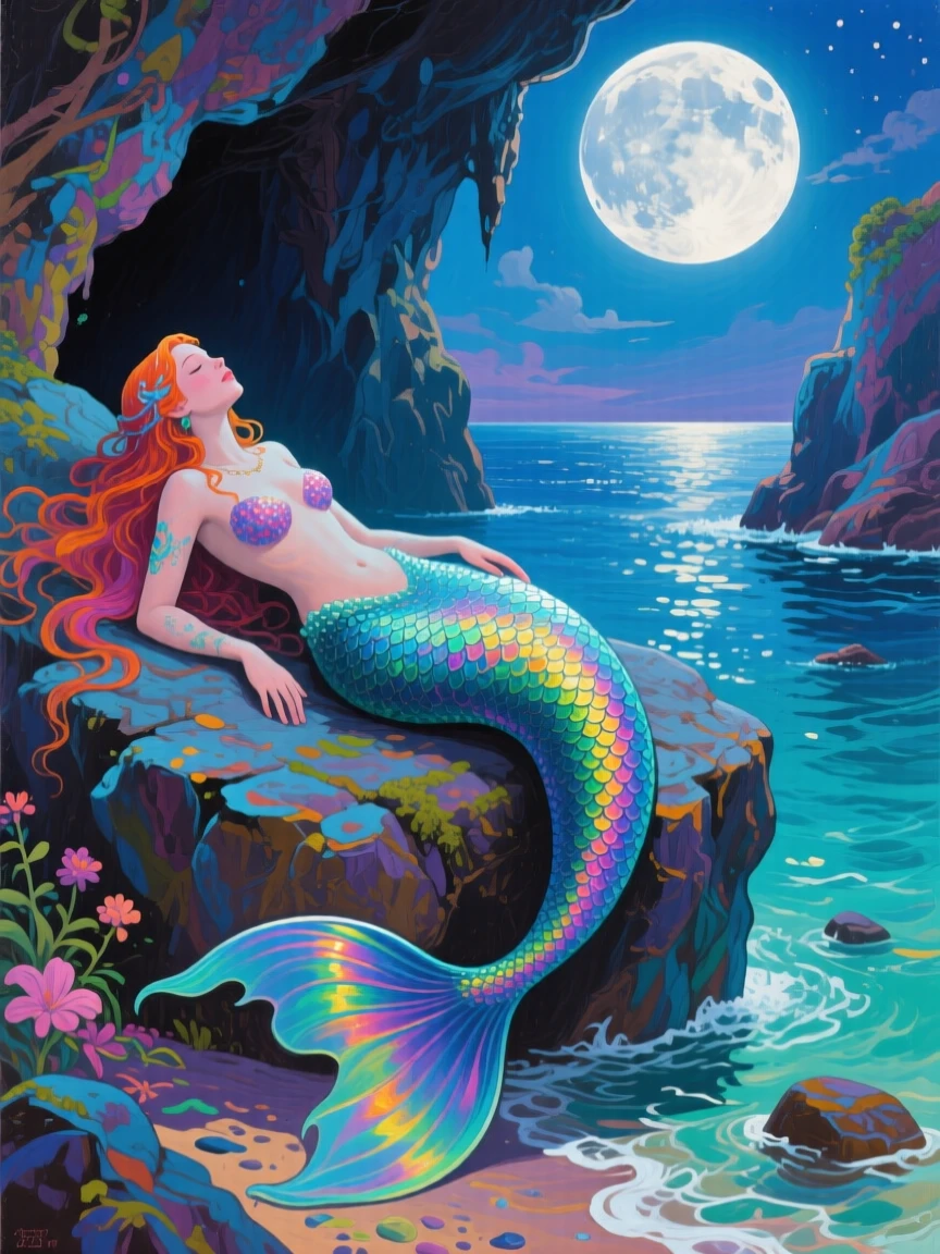 A mermaid resting on a moonlit rock at the edge of a hidden sea cave, tail glimmering with scales