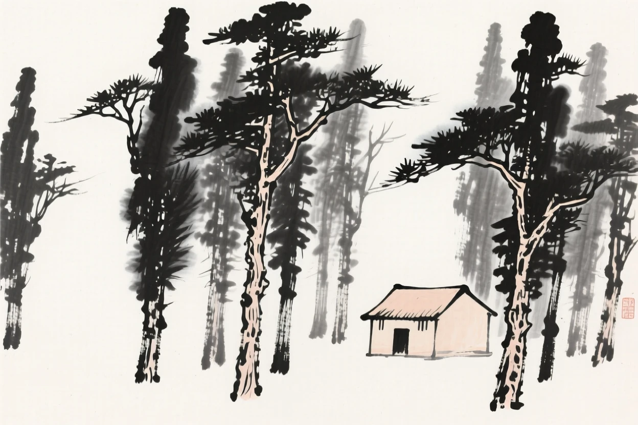 a grove of tall cypress trees, with a small hut tucked among the trees.