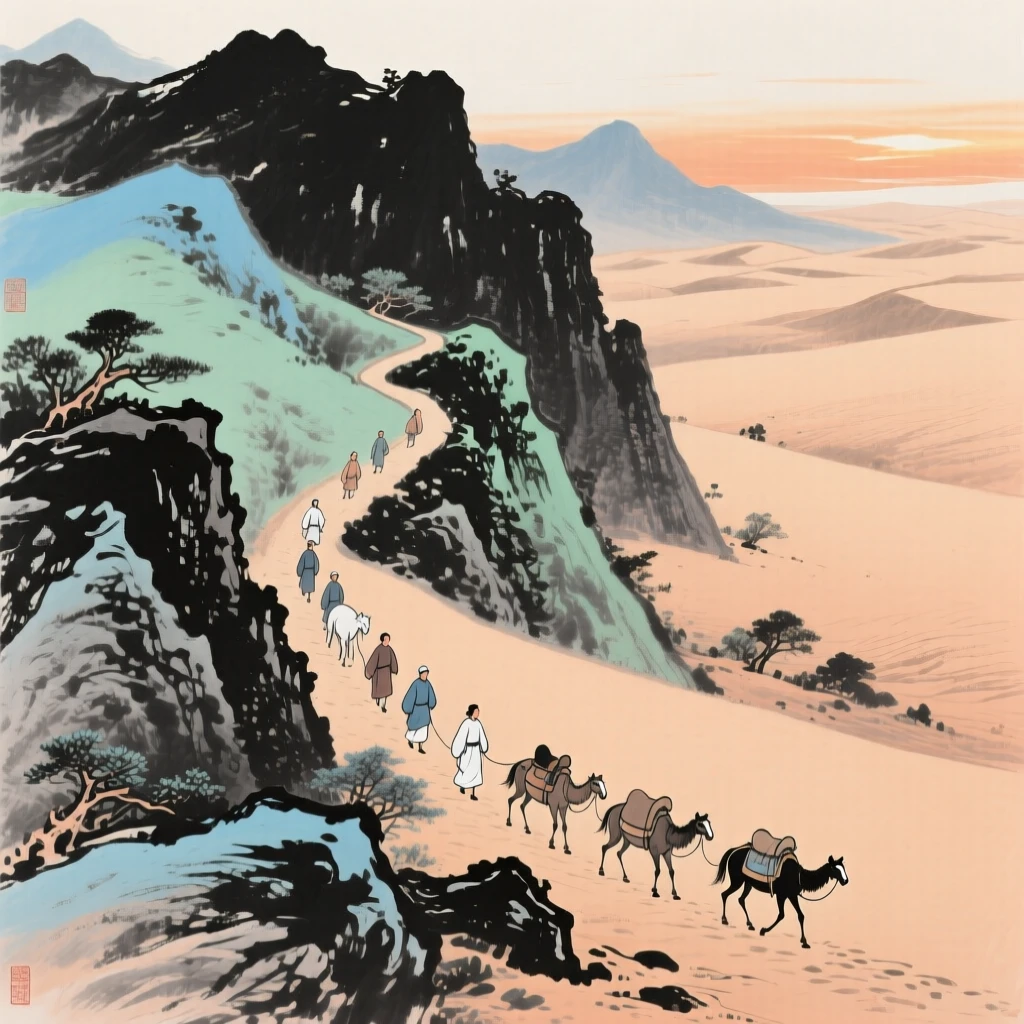 A caravan of traders winding along a mountain pass at the edge of the desert, suffused with quiet joy, in the soft light of late afternoon.
