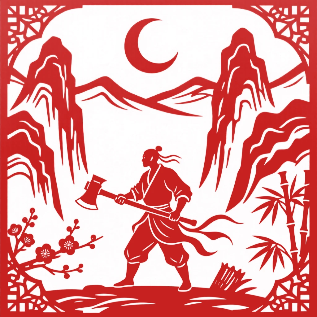 A composition of a woodcutter beneath towering karst peaks, a crescent moon rising above the ridgeline.