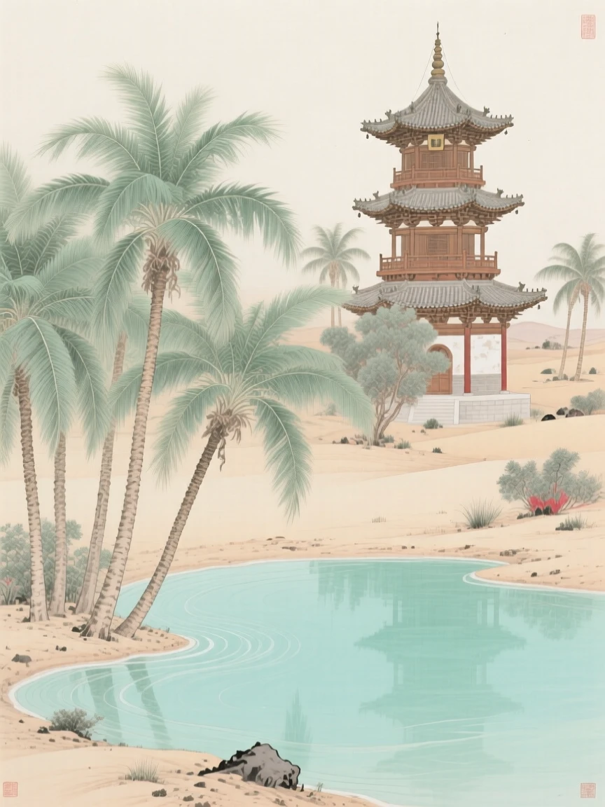A desert oasis with palm trees and clear water, a distant temple bell tower rising above the treeline