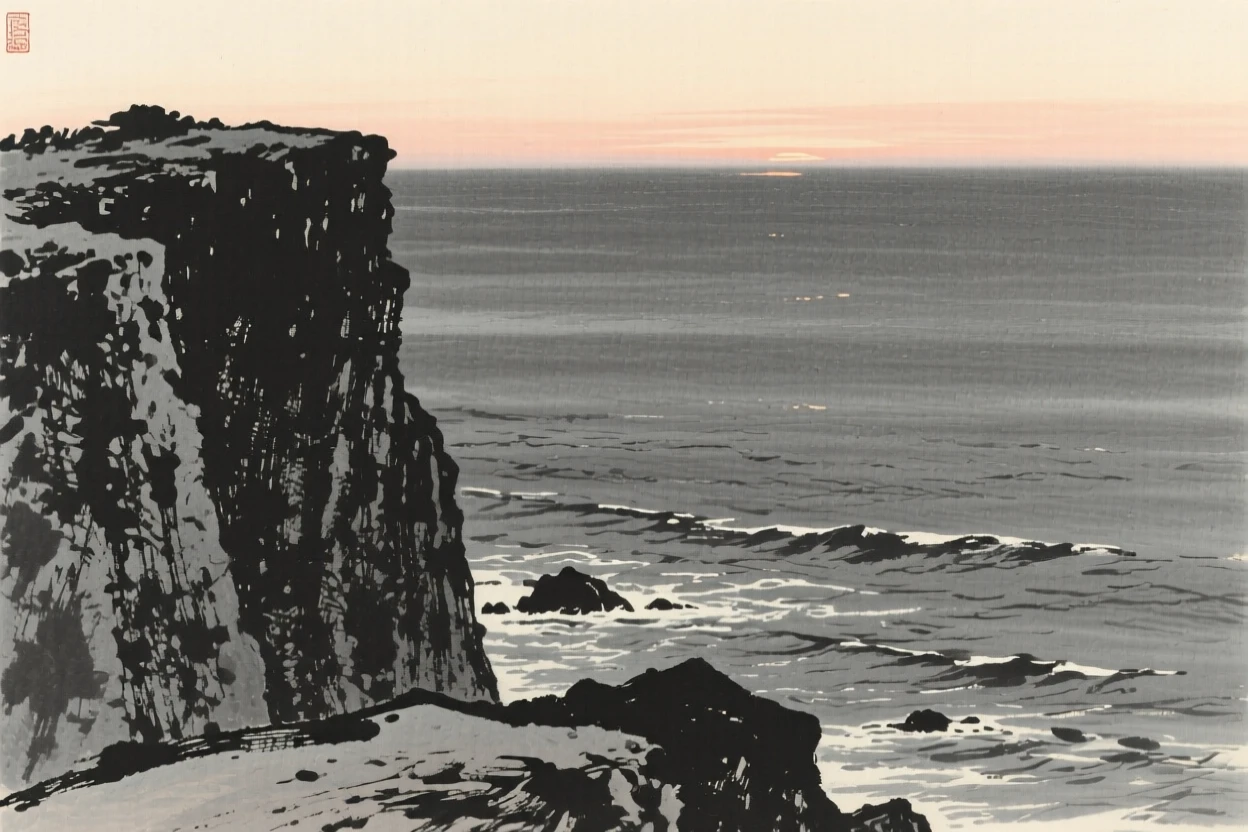 A high cliff overlook facing an endless expanse of ocean with the last light of dusk catching the water's surface, framed low, with the foreground rocks leading the eye toward the distance, capturing a fleeting, serene moment suspended in time.