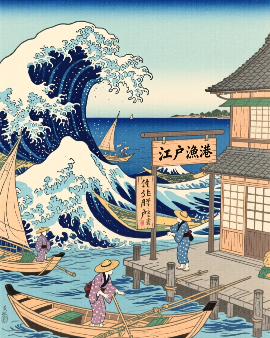 A curved fishing harbor beneath towering ocean waves, beneath a clear midday sky.
