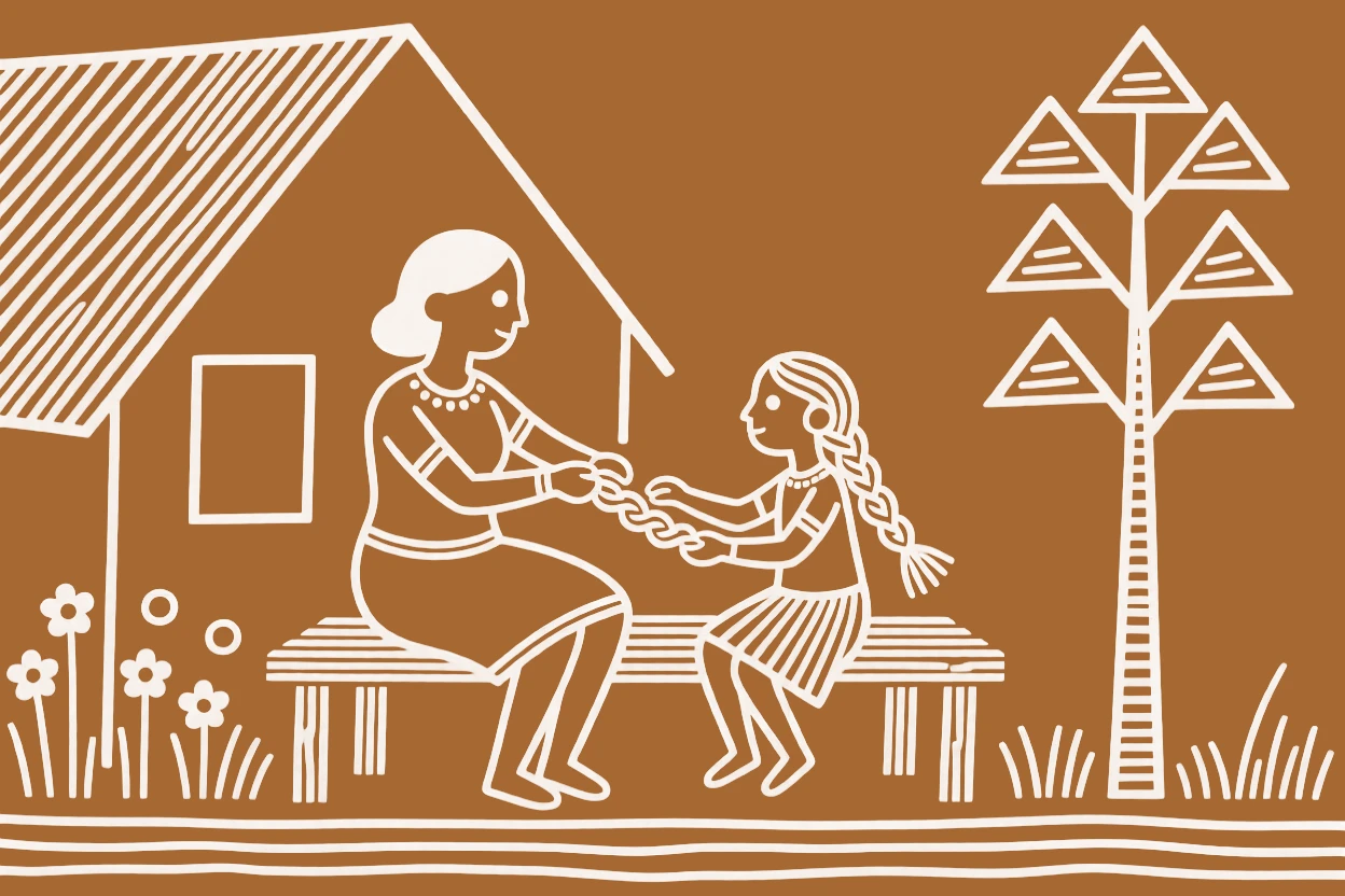 A mother and her grown daughter braiding each other's hair while chatting on a bench outside a home.