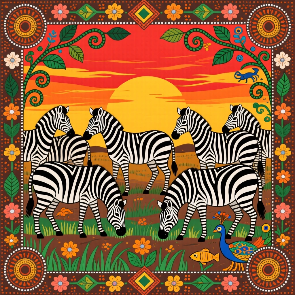 A zebra herd grazing beneath a wide African sky at sunset.