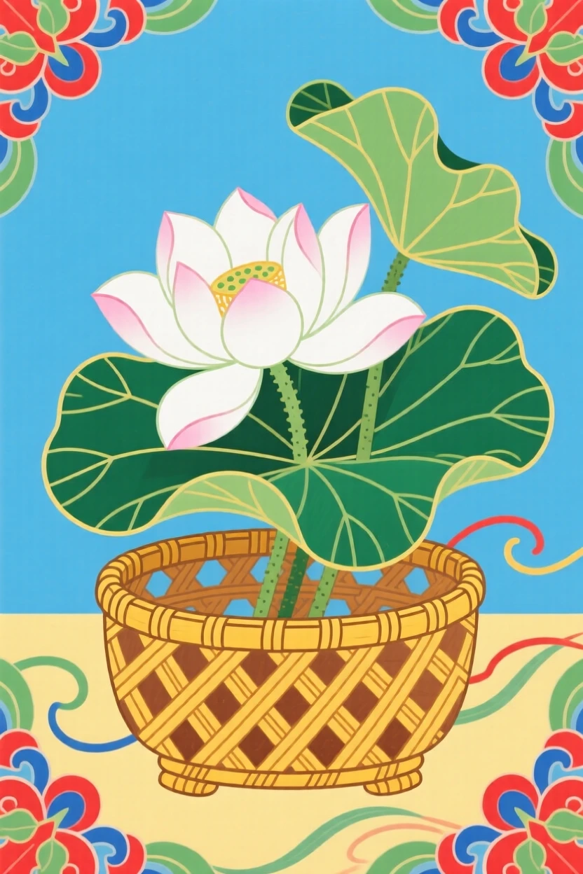 A still arrangement of a single white lotus in a woven bamboo basket.