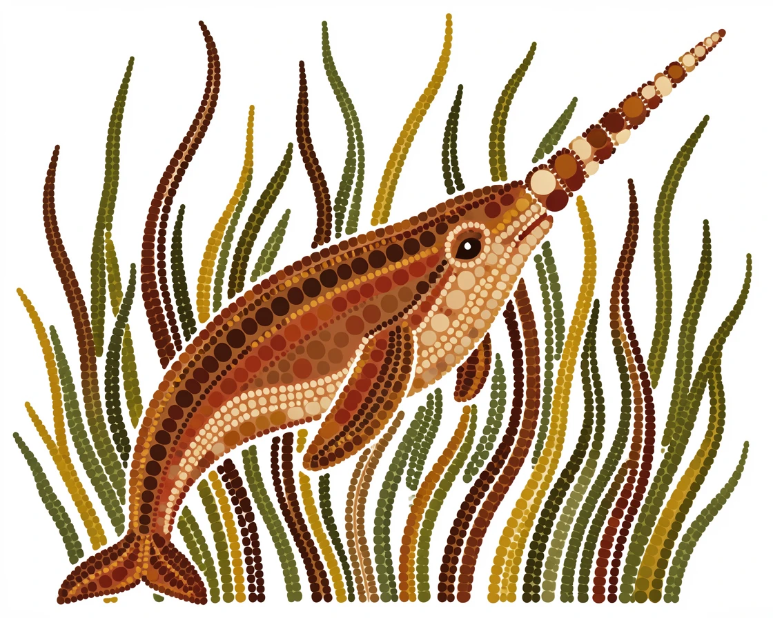 A narwhal hidden among swaying sea grass