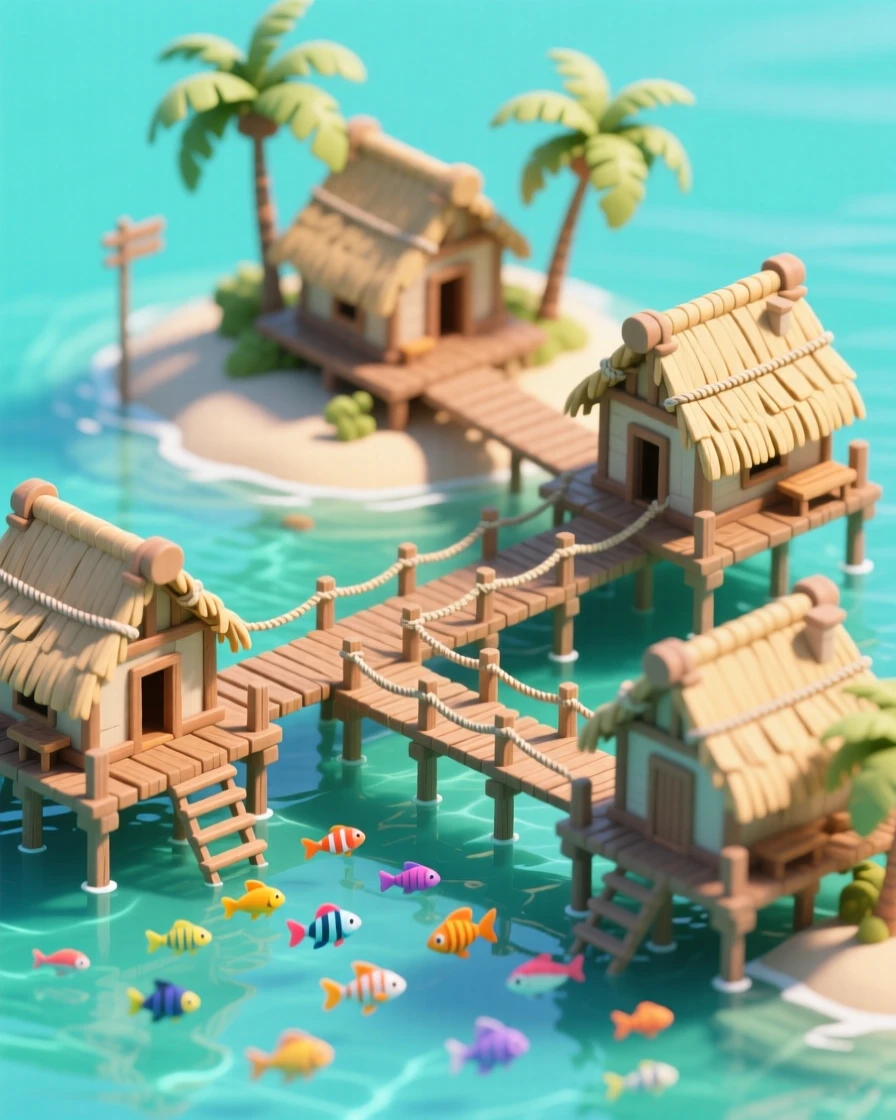 A tropical island village on stilts over turquoise water, with thatched roofs, hanging bridges connecting huts, and colorful fish visible beneath the clear water.