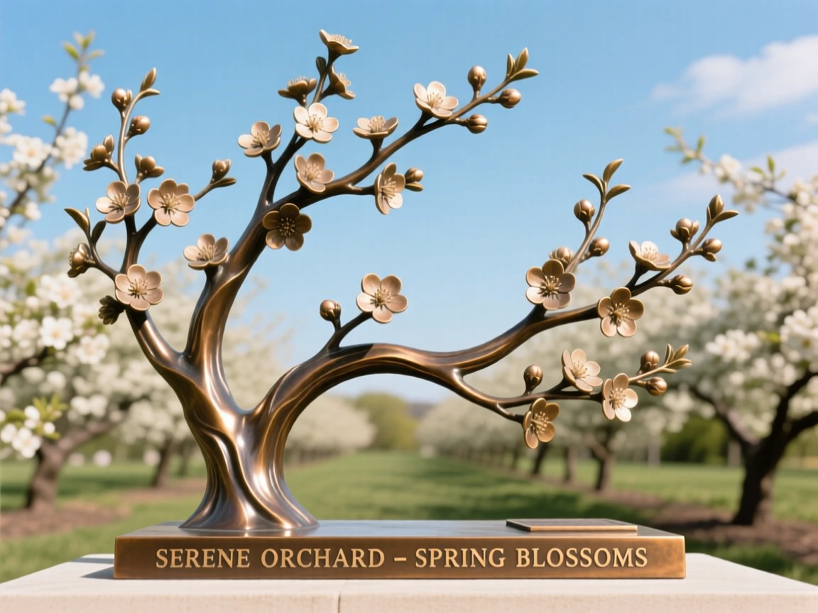A peaceful orchard in full blossom under a spring sky, with a serene, contemplative atmosphere, offering a breathtaking sense of place