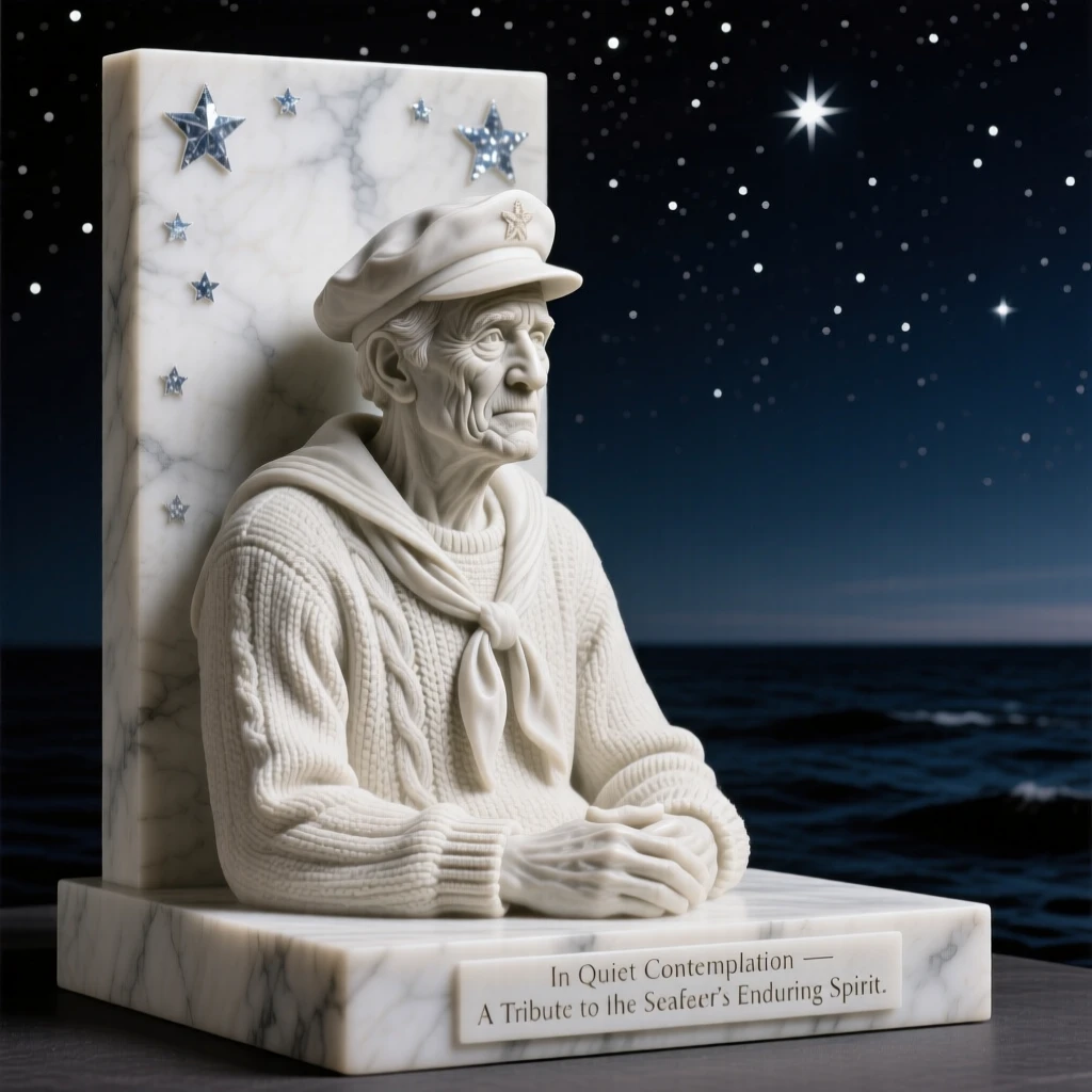 A tender portrait of an old sailor gazing at the horizon, lost in quiet contemplation, under a star-filled night sky, evoking warmth and humanity