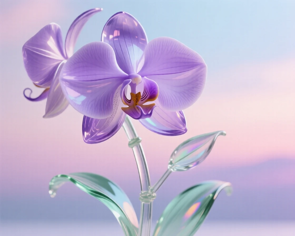 An orchid with delicate purple petals swaying gently in a light breeze under a pastel sky at dusk, dreamy and peaceful atmosphere.