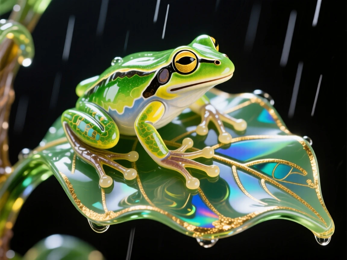 A tiny tree frog perched on a broad rainforest leaf after rain, vivid and fresh.