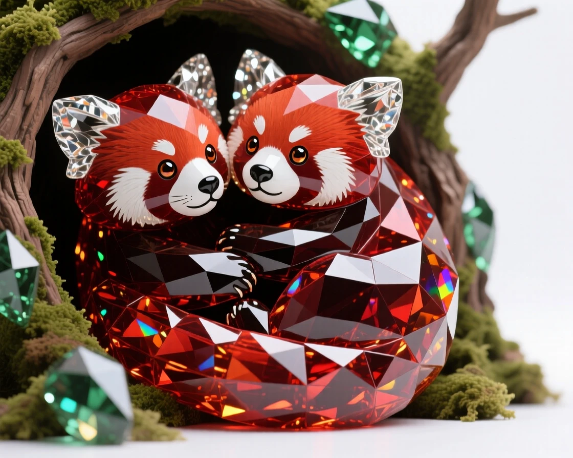 A pair of red pandas curled together in a mossy tree hollow, one peeking out curiously.