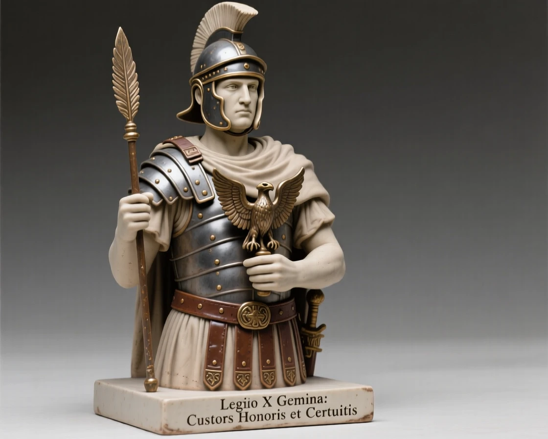 A Roman centurion standing at attention captured mid-ceremony with solemn dignity, holding an artifact steeped in history, conveying quiet authority and enduring legacy.