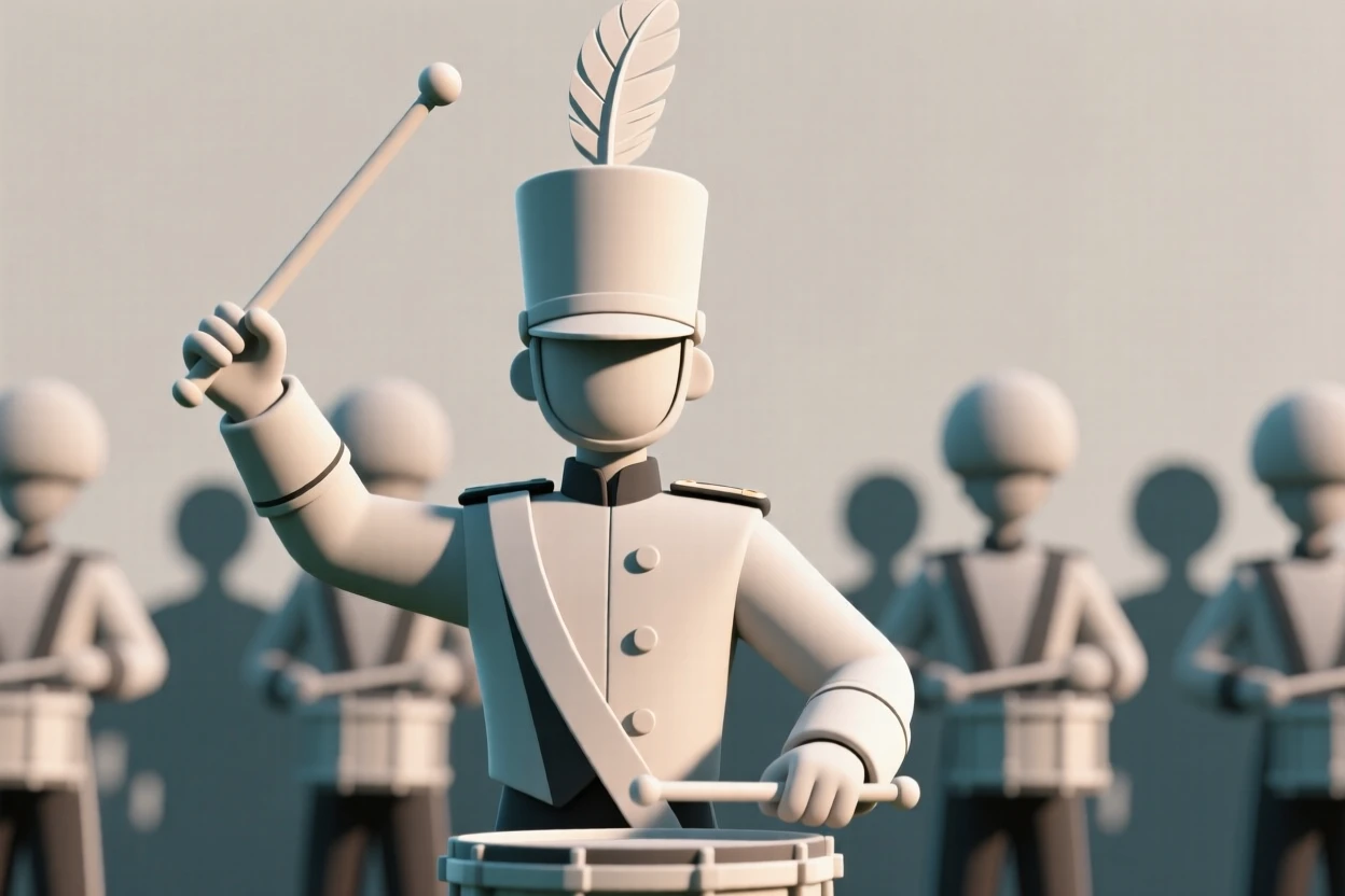 A proud drum major twirls a tall baton at the front of a marching band, plumed hat catching the light.