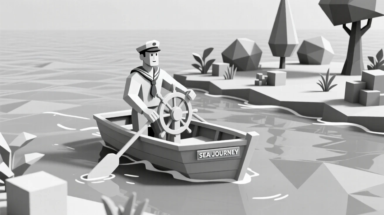A sailor navigating a boat through open water, amid a quiet, colorful garden. the composition balances subject and open space. The moment radiates confidence and joy.