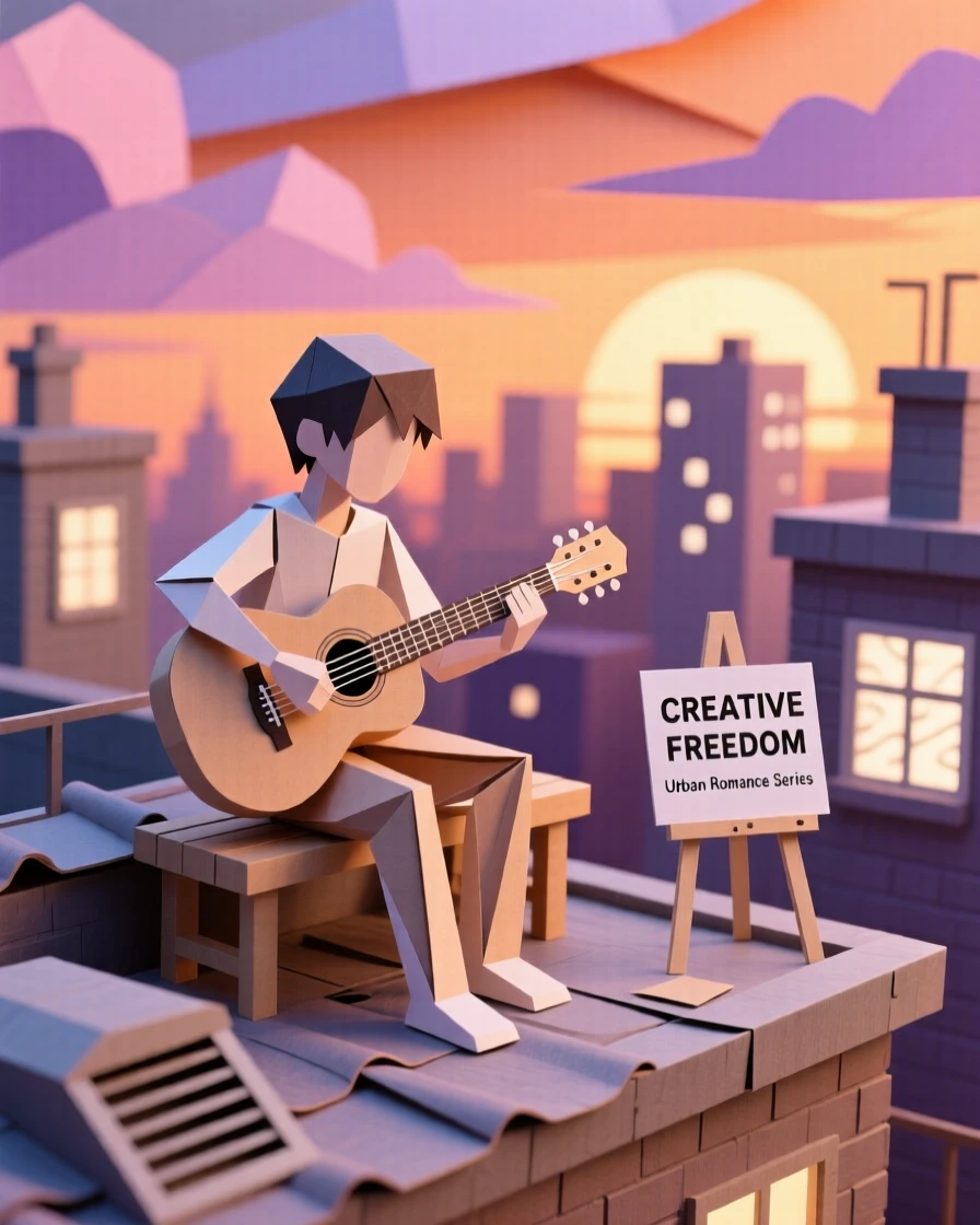A young musician playing guitar on a rooftop at sunset, city skyline glowing behind them, capturing creative freedom and urban romance.