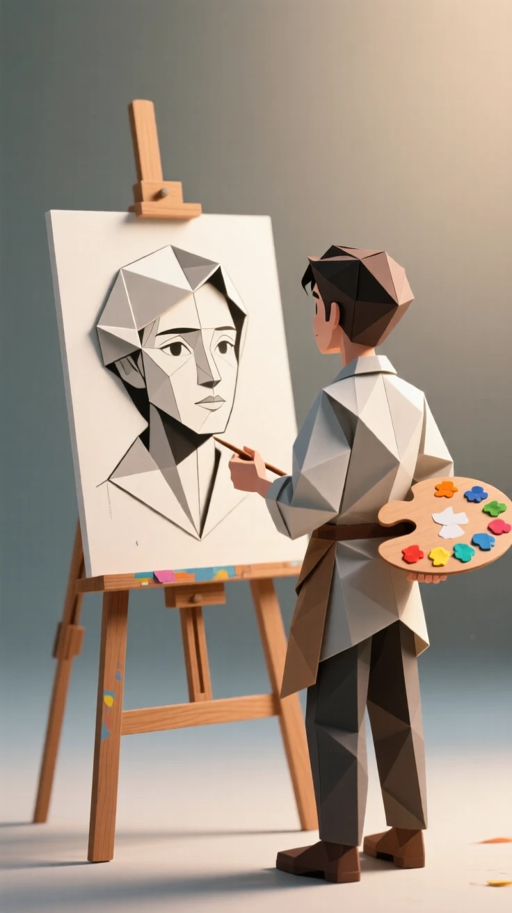 An artist character stepping back to admire a half-finished self-portrait on an easel, palette in hand.