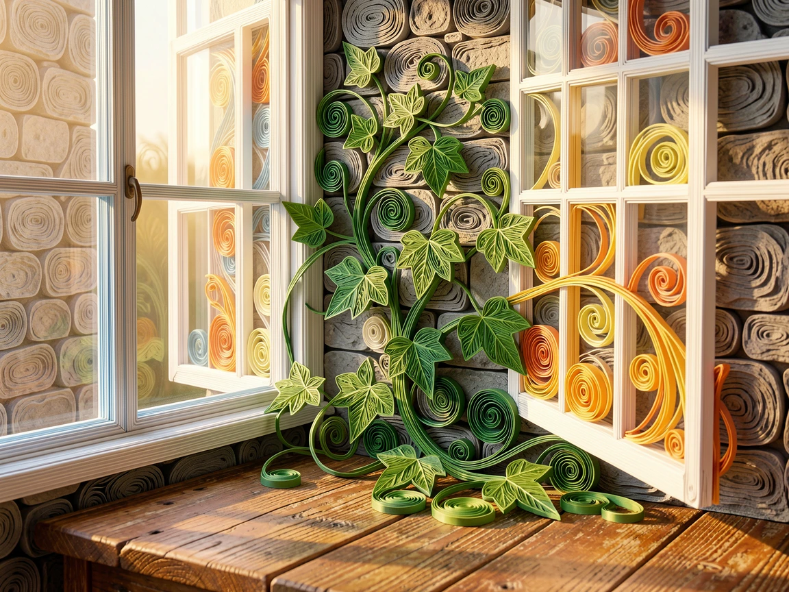 A serene botanical study of a tangle of wild ivy climbing a stone wall on a rustic wooden table near an open window, with soft golden hour light washing over the scene, layered from foreground to background for depth.
