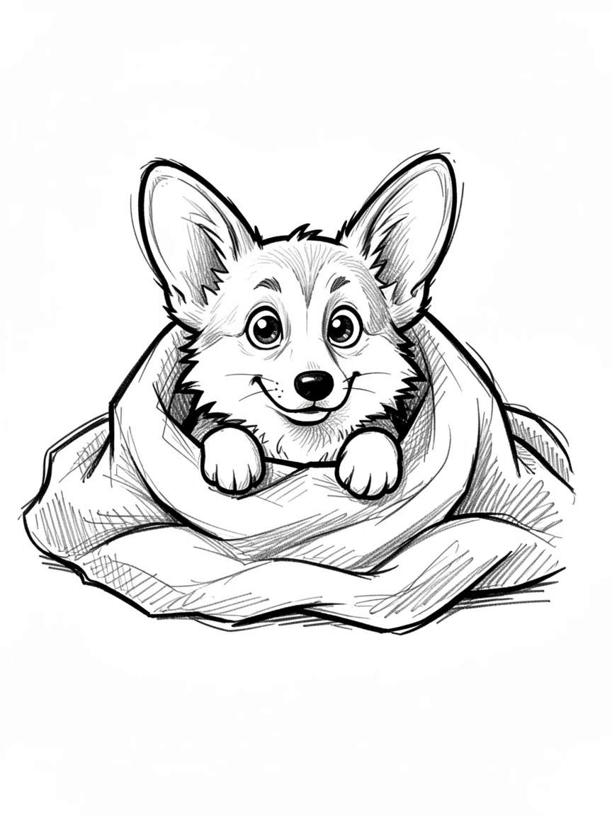 A corgi with short legs peeking out from under a blanket.