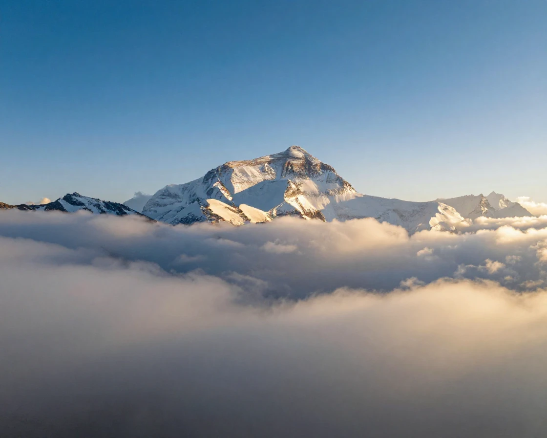 Mount Everest's peak piercing above a sea of clouds