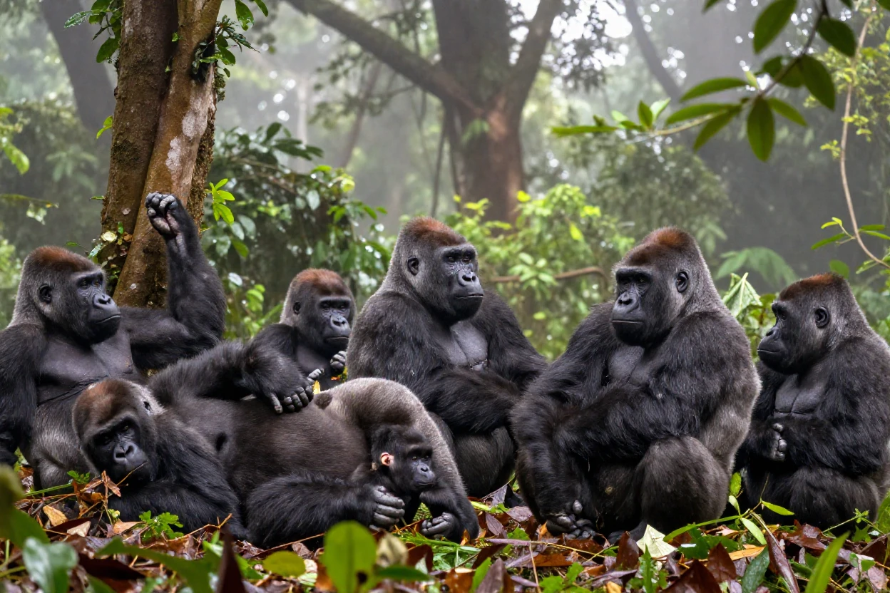 A troop of gorillas rests together in a misty rainforest clearing.