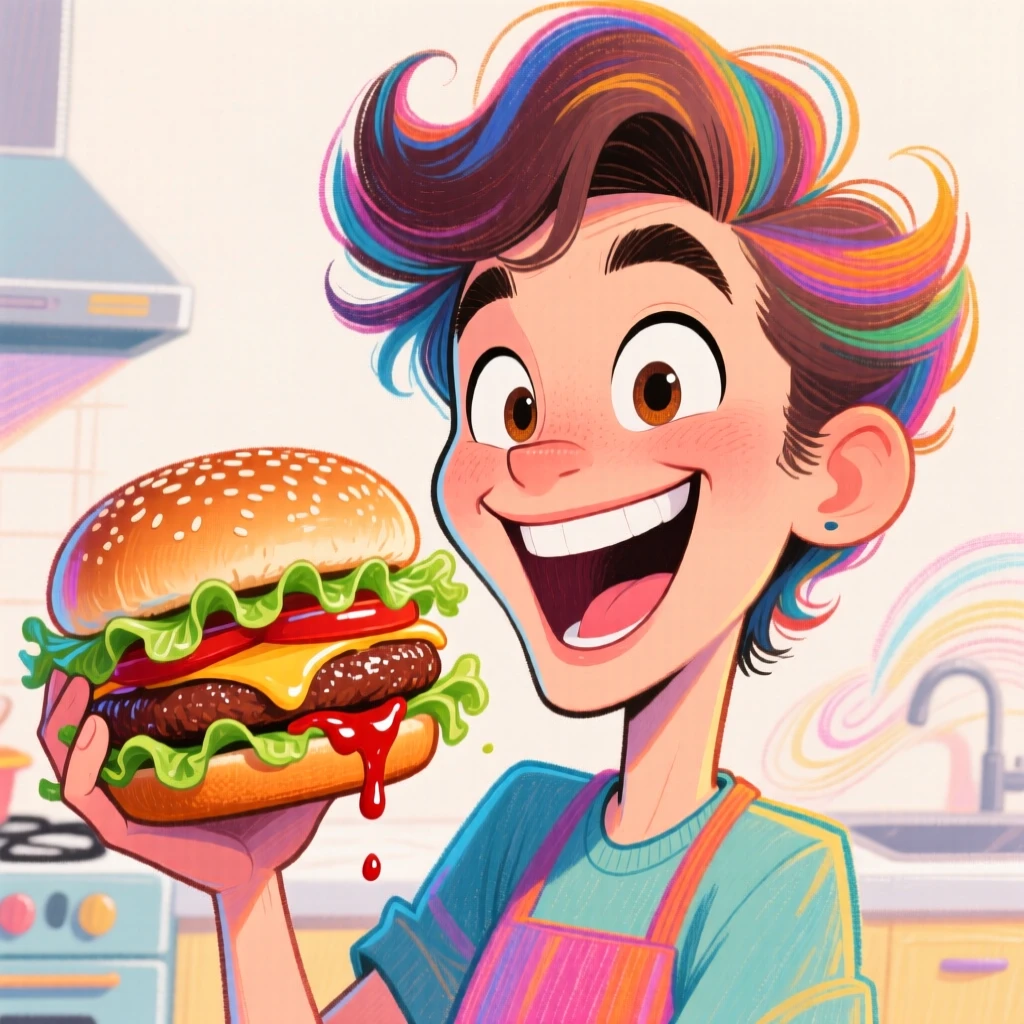 A confident food blogger holding a burger up to the camera with wide excited eyes.