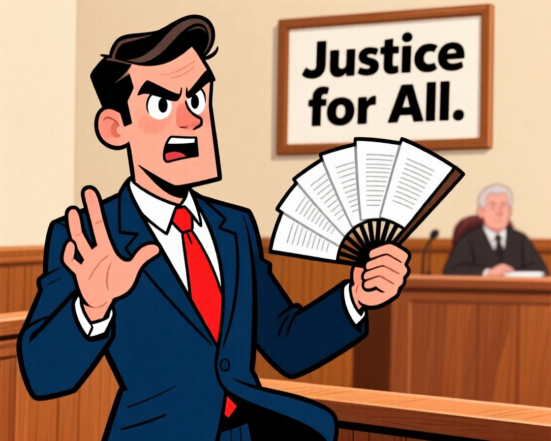 A vibrant profession-themed portrait of an ambitious lawyer in a sharp suit gesturing persuasively in a courtroom, papers fanned dramatically.
