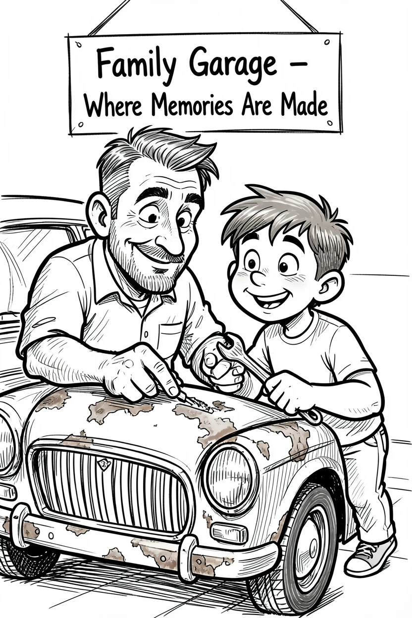 [Family & Relationship Moments] Heartwarming scene of a father and son fixing an old car together in the garage, radiating love and warmth