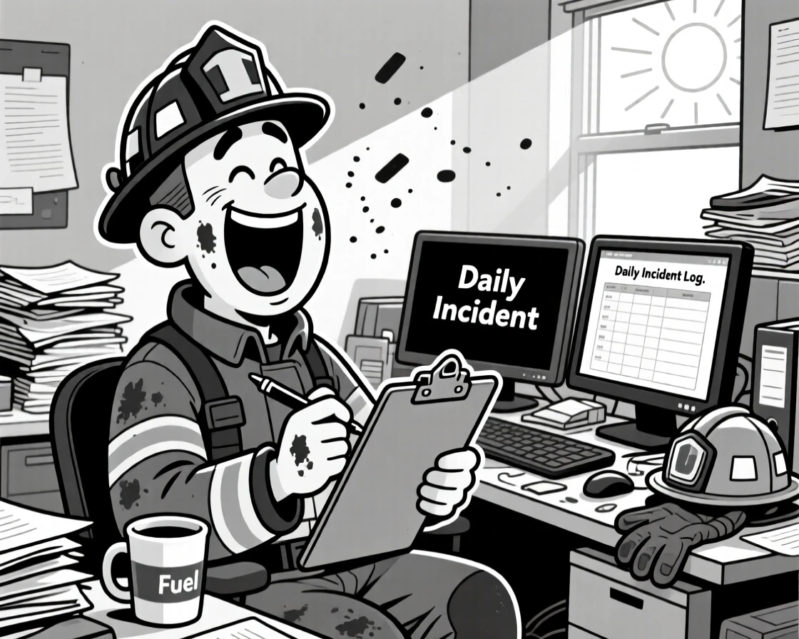 A cheerful firefighter with soot smudges on his cheeks, yawning enormously while charting notes, set in a cluttered office with dual monitors. Chalk dust floats in a sunbeam. The scene celebrates the quiet heroism of everyday work.