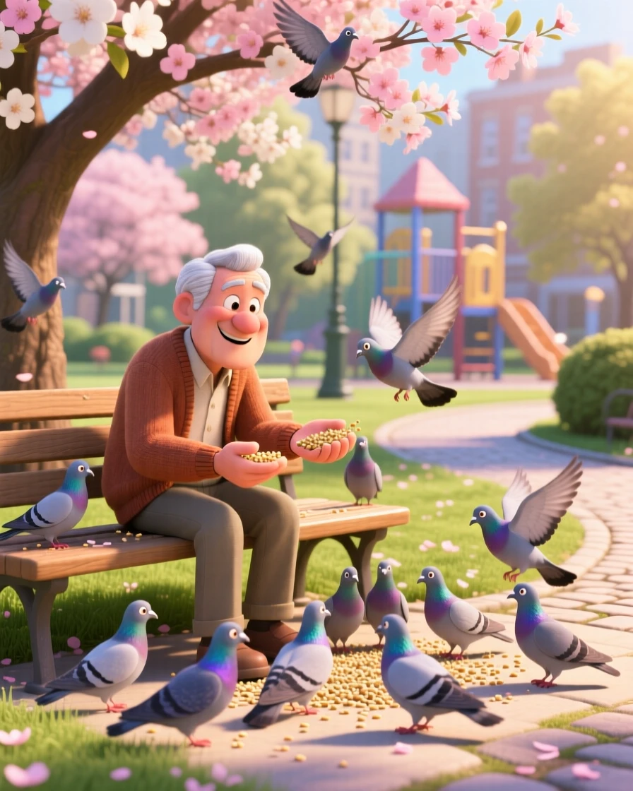An elderly man feeding pigeons in a park is captured on a park bench beneath a blossoming tree, with warm morning light spilling across the scene. The mood is calm, familiar, and quietly delightful.