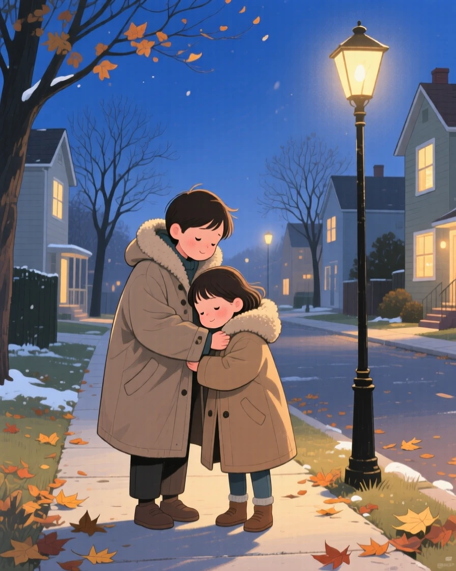 An older sibling and a younger one are seen sharing a warm coat on a chilly evening in a quiet neighborhood sidewalk, with quiet gratitude in their eyes.