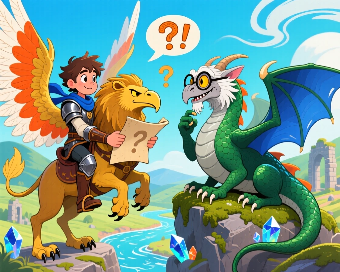 A griffin rider trading riddles with a wise old dragon.