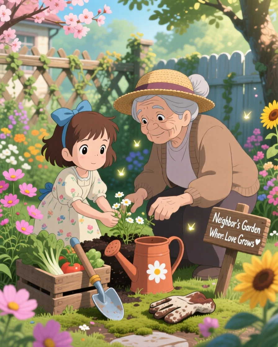 A tender moment of a young girl and an elderly neighbor tending a garden together, the scene deeply heartfelt.