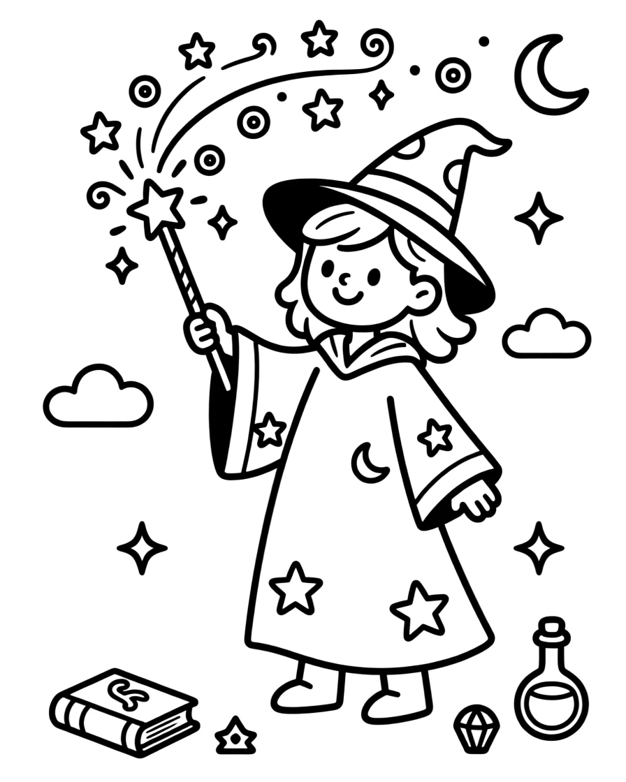A wizard casting sparkling stars from his magic wand
