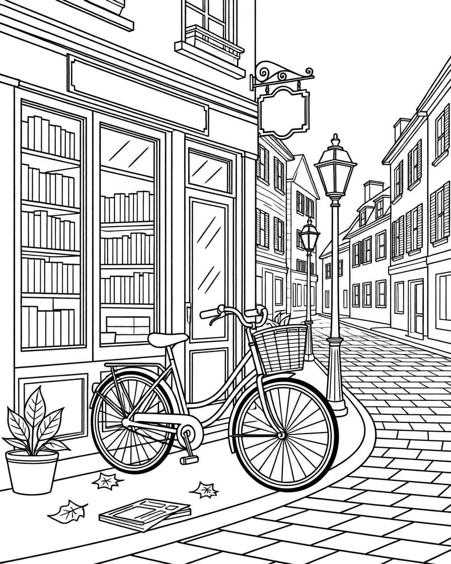 A vintage bicycle parked outside a corner bookstore, with cobblestone streets stretching into the distance.