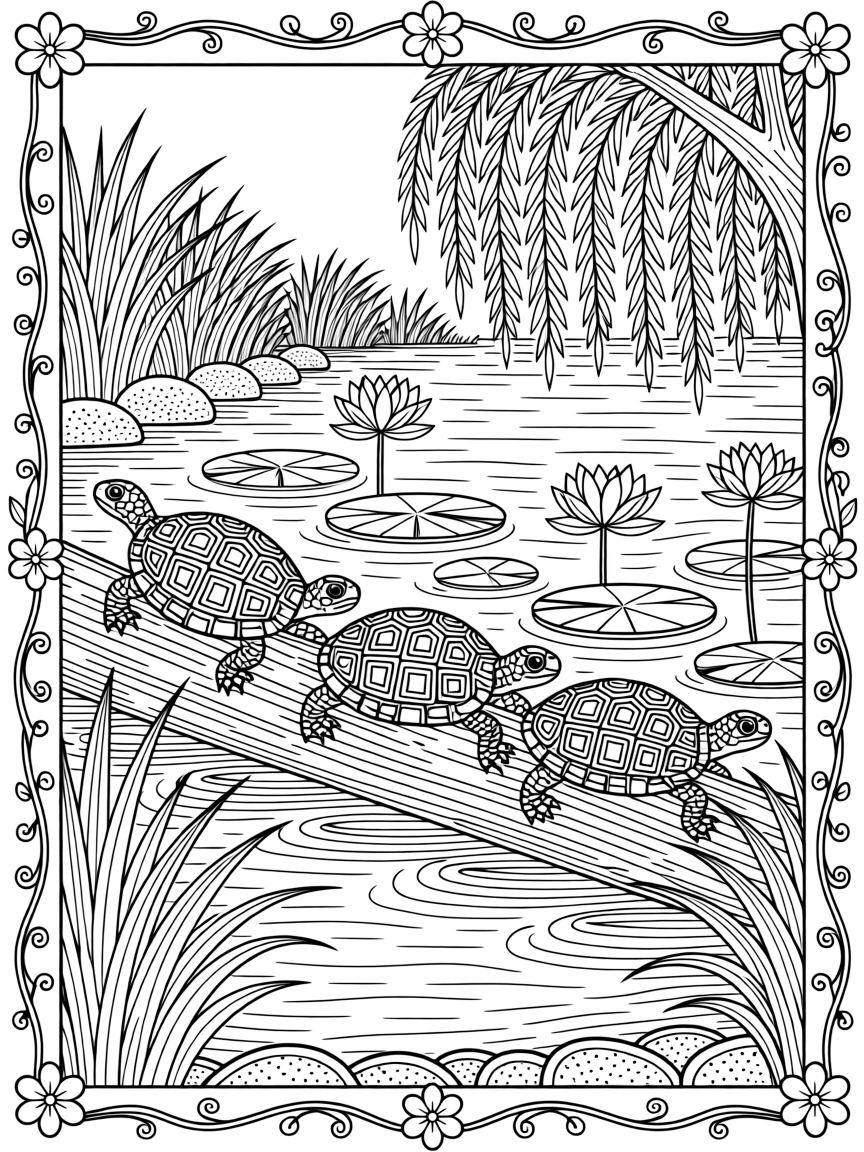 A pond scene with turtles sunning on a log beside blooming lilies.