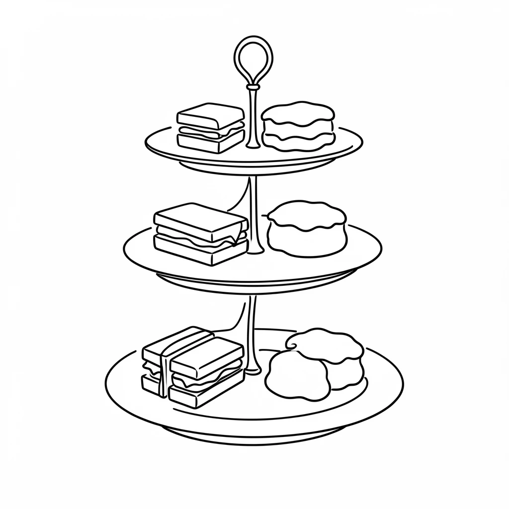 A three-tiered afternoon tea stand filled with sandwiches and scones
