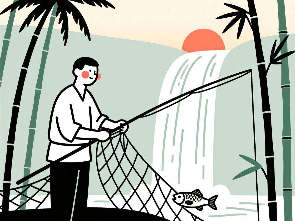 A fisherman mending nets at sunrise, looking serene and at peace, by a waterfall in the jungle.