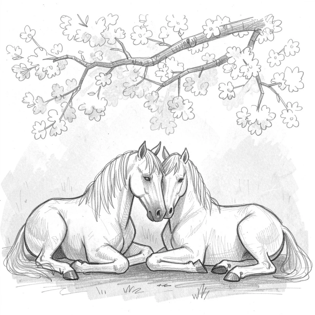 A heartwarming scene of a pair of nuzzling horses resting beneath a blooming cherry tree, framed by soft morning mist.