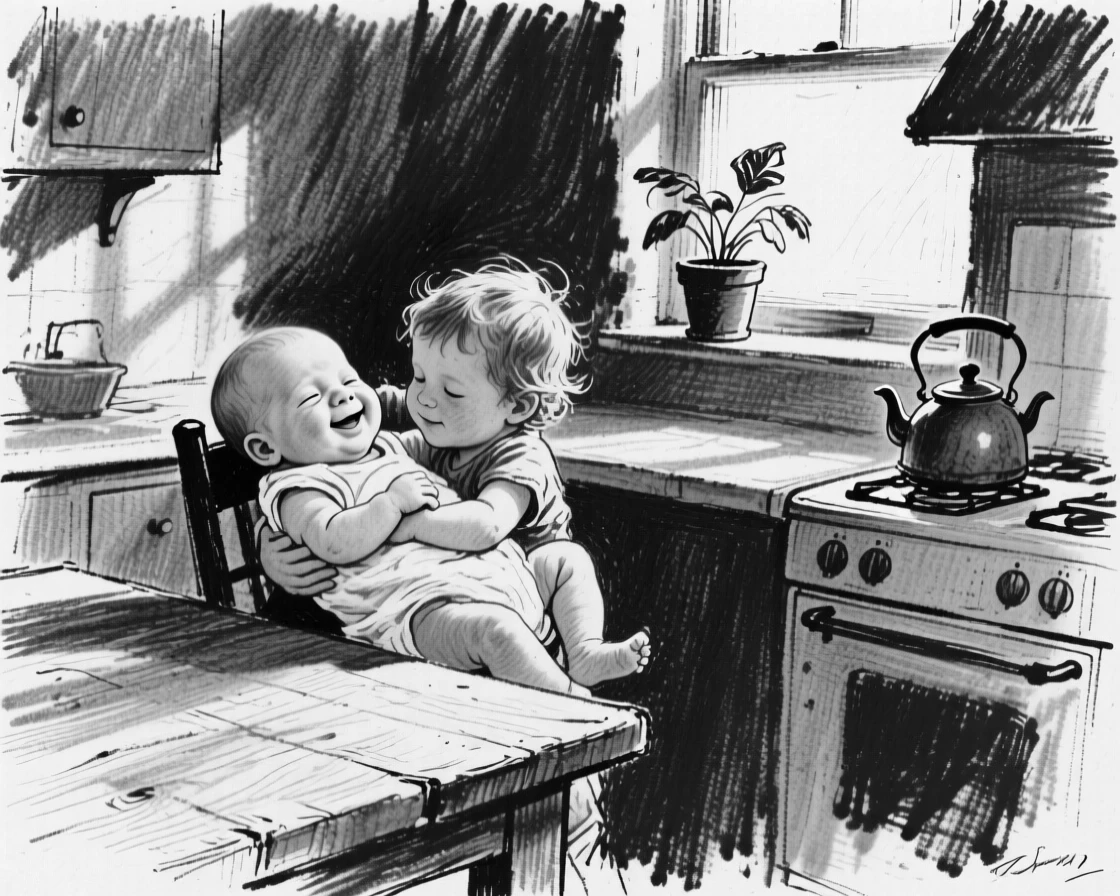 A newborn baby smiling gently while cradling a small child, in a sunlit kitchen.