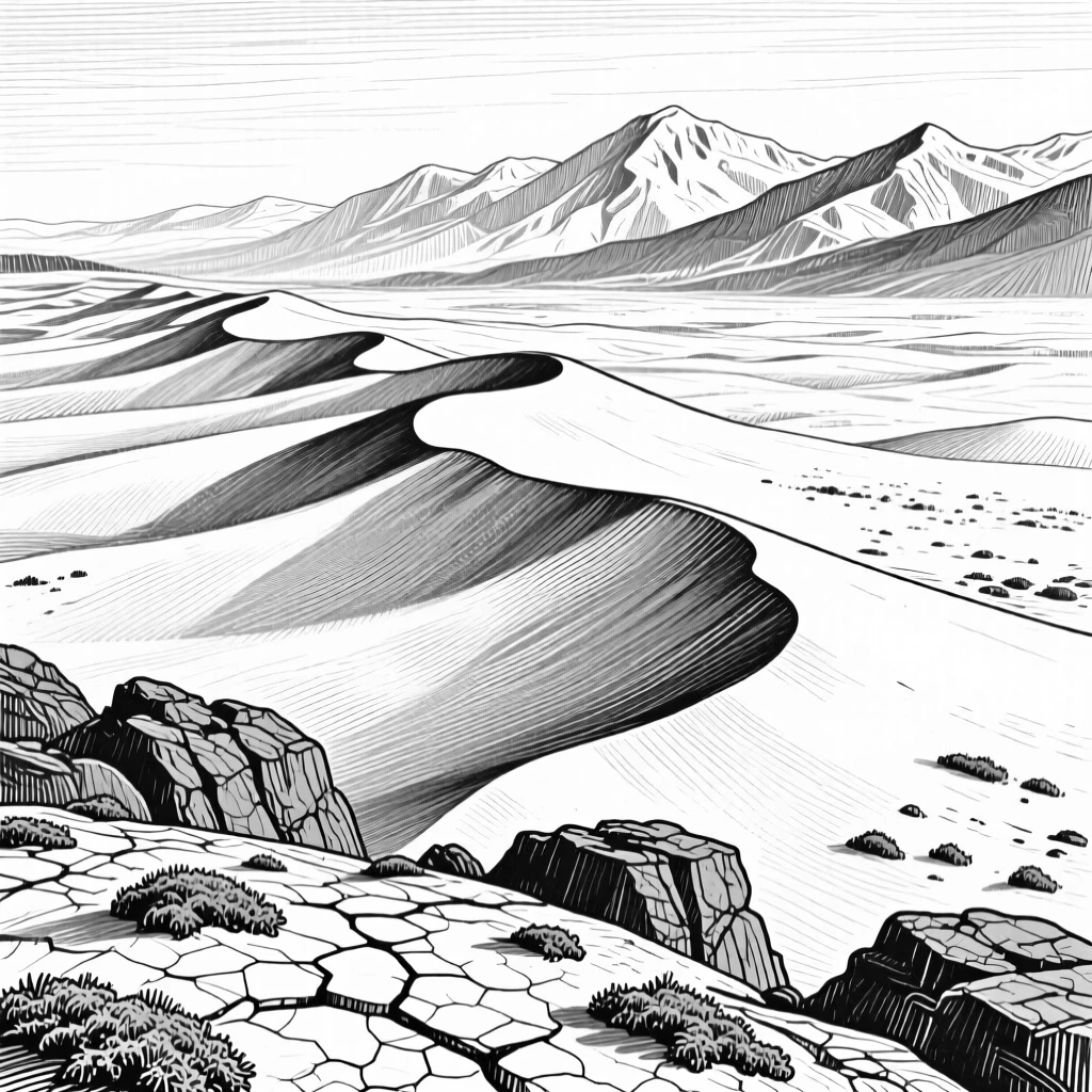 A desert dune ridge surrounded by distant snow-capped peaks, with patches of moss clinging to weathered rock, evoking a peaceful and untouched atmosphere in a wide, balanced composition.